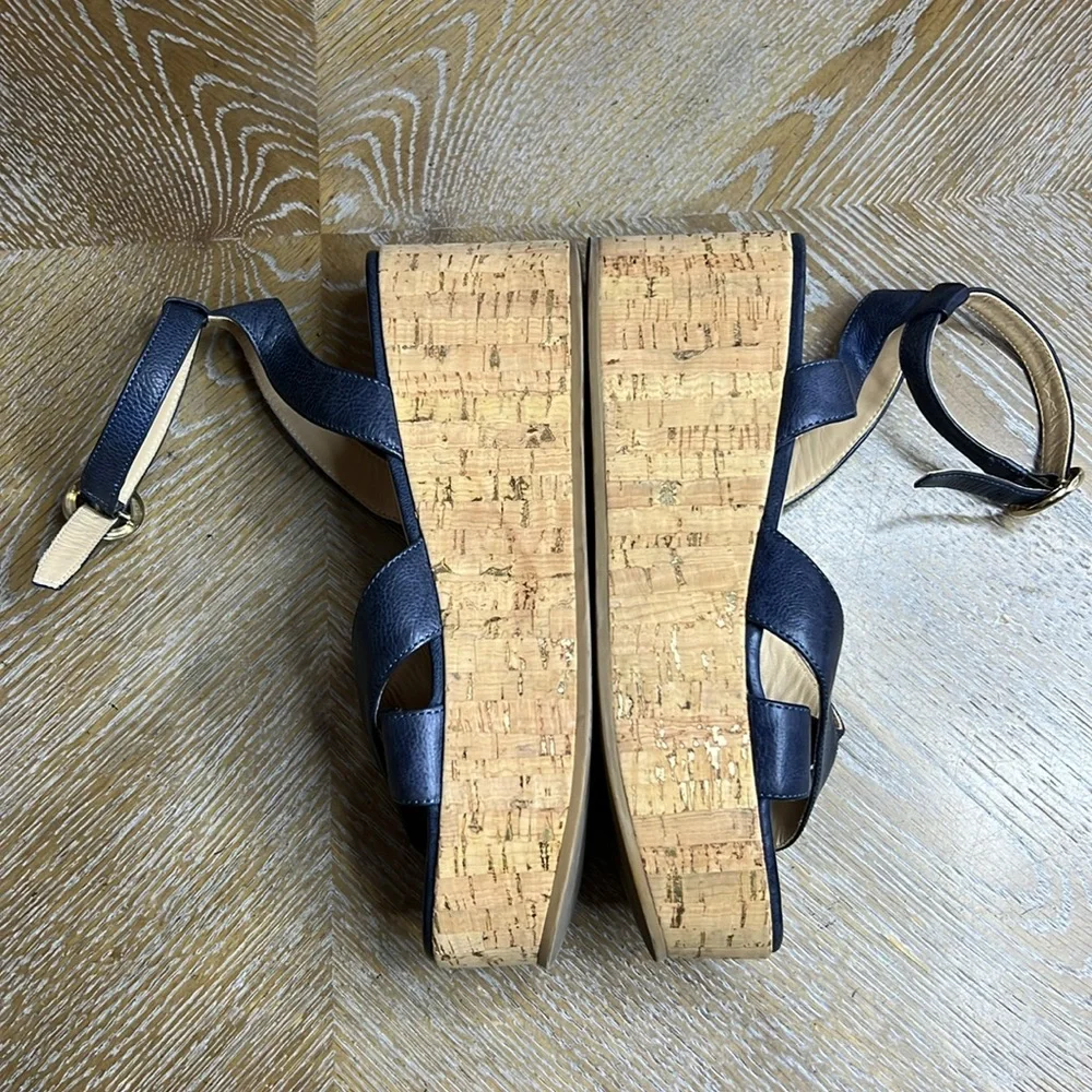 M. GEMI Women's The Linee Blue Leather Platform Cork Wedge Sandals 37